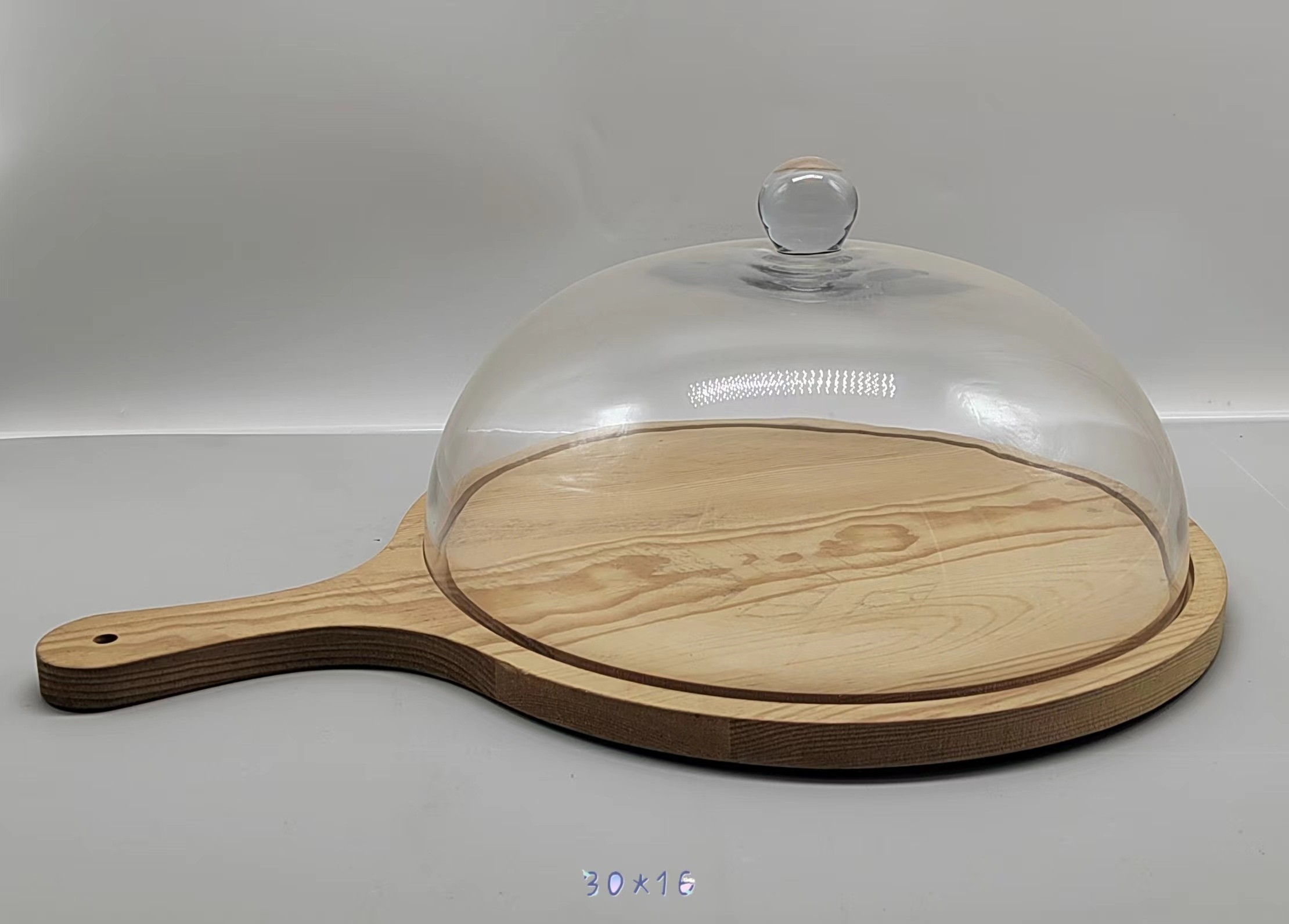 Clear glass cake cover with wooden base/L
