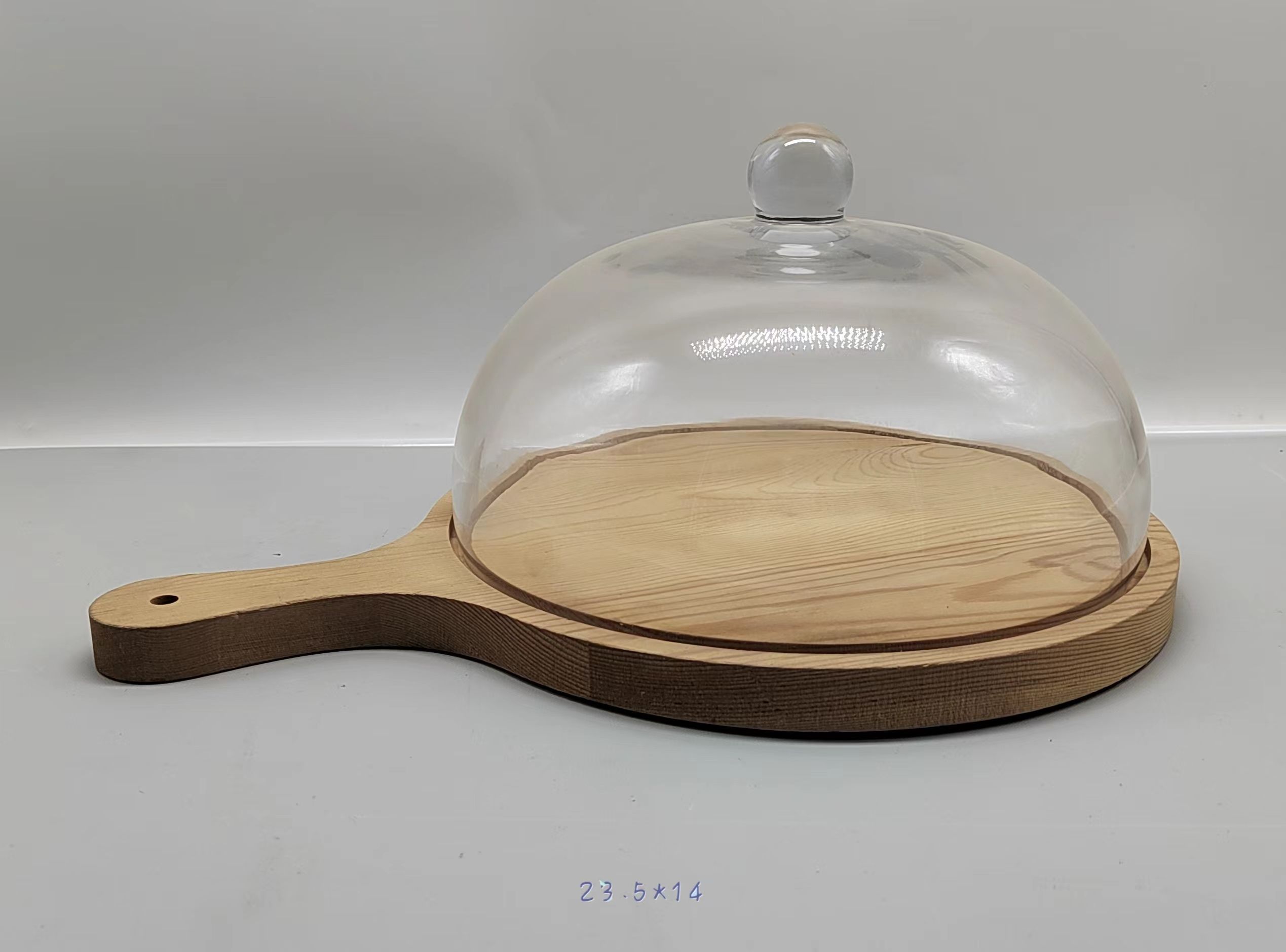 Clear glass cake cover with wooden base/M