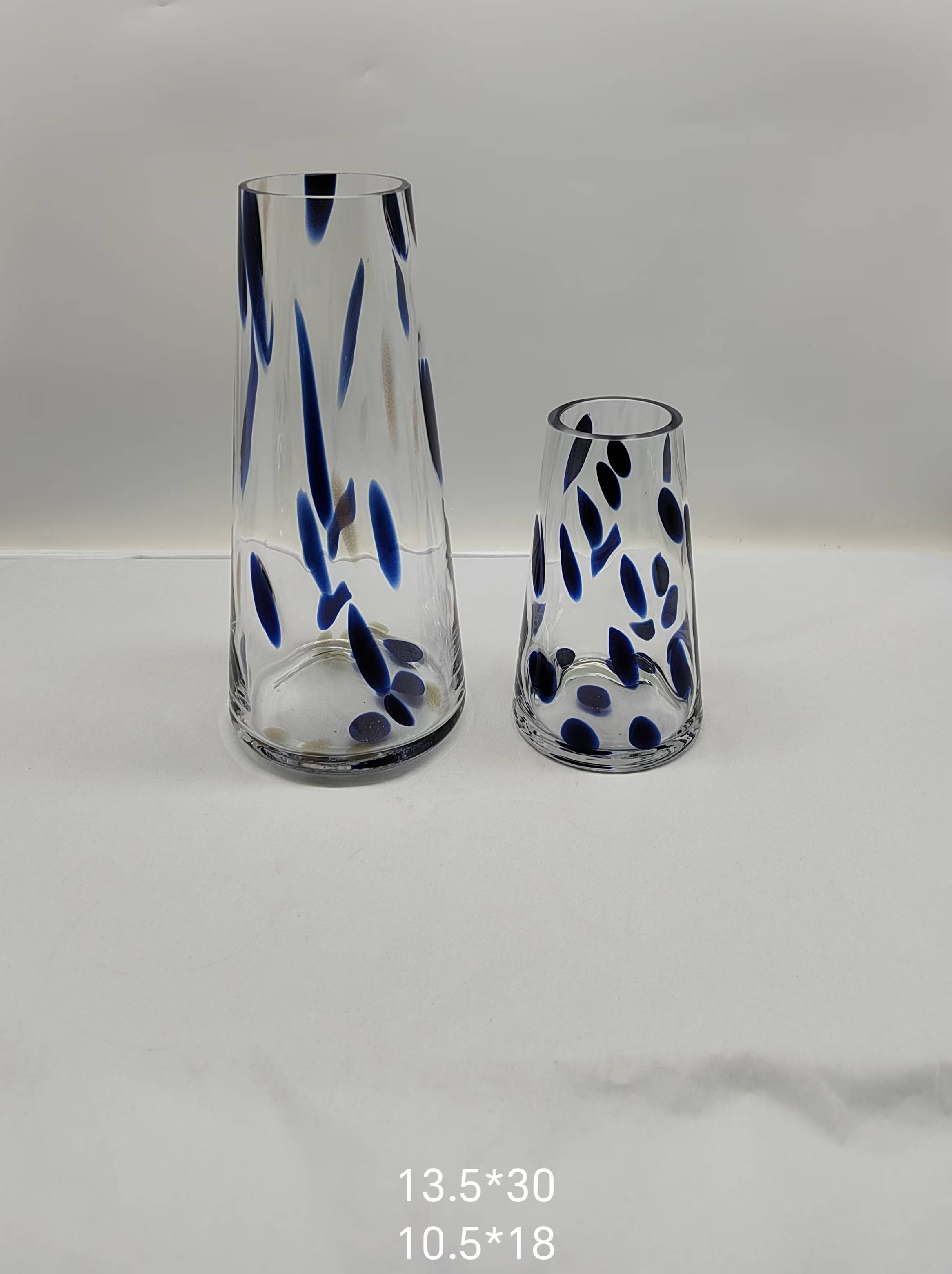 Crystal  glass vase with blue and gold dot  made by hands